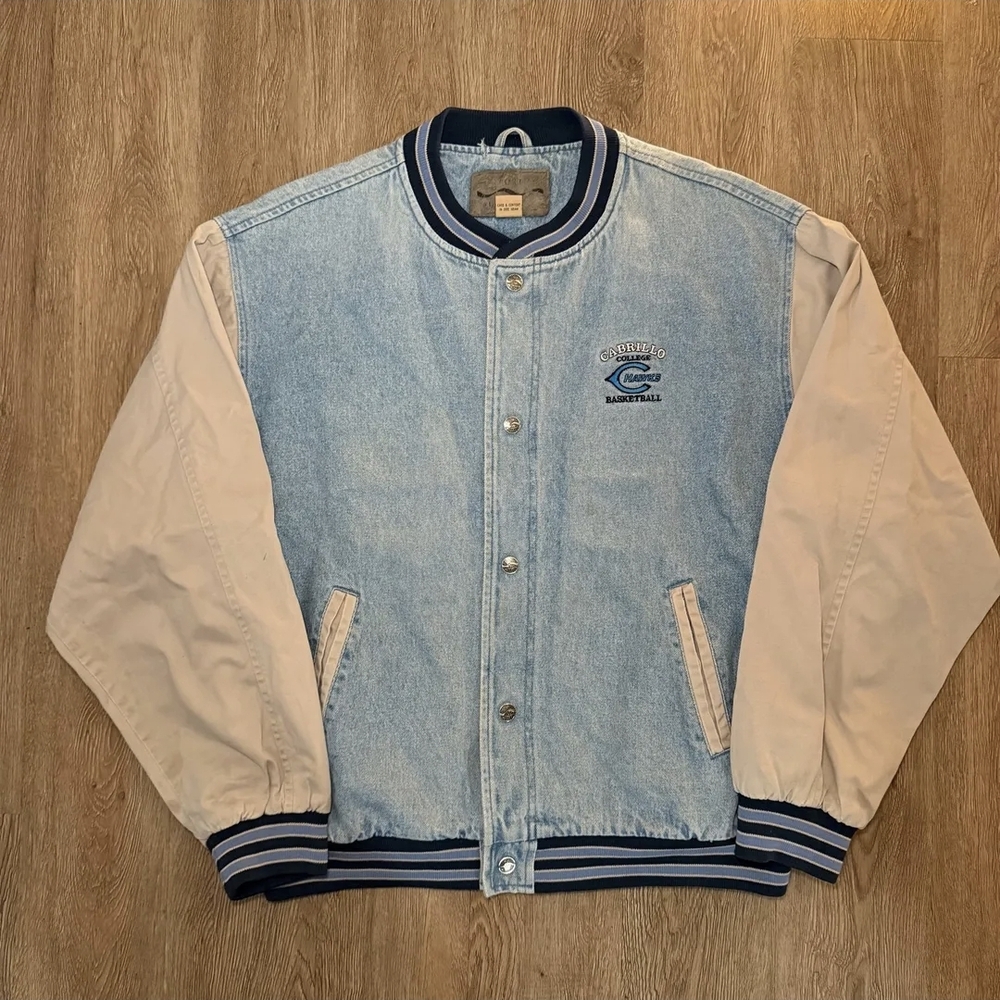 Vintage Denim Varsity Jacket with Beige Sleeves